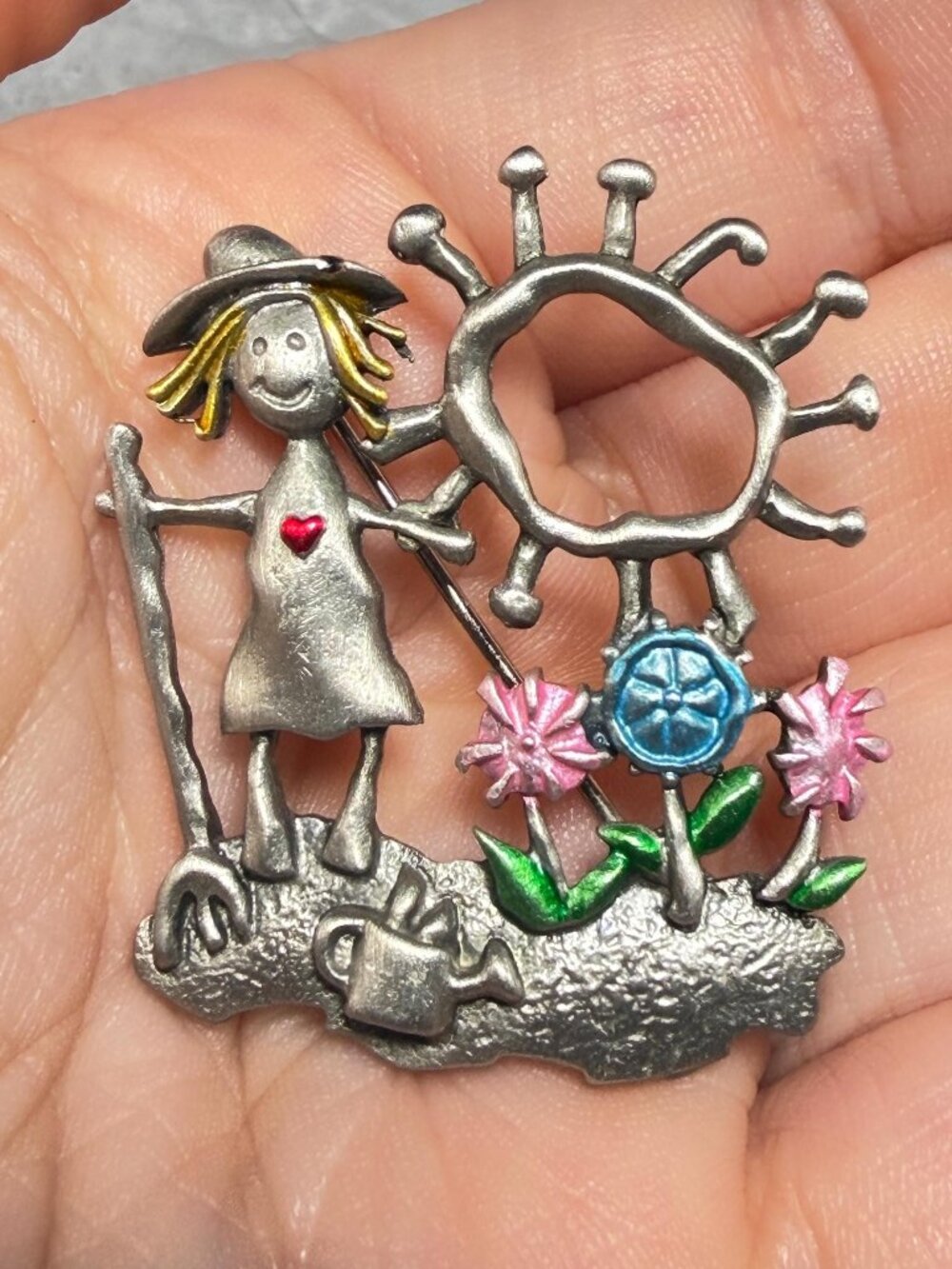 JJ Gardening Girl Brooch Sun Flowers Watering Can Pewter Vintage 1.5 inches